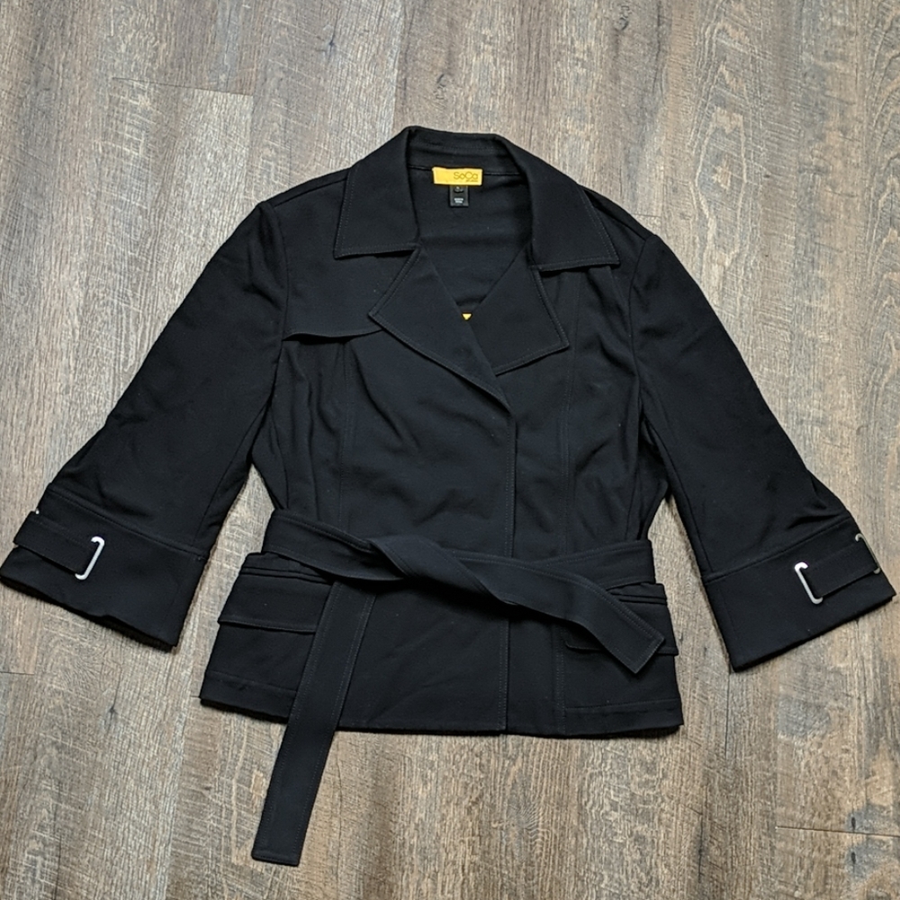 St. John Black Collared Jacket Cropped Sleeve Snap Front Tie SoCa